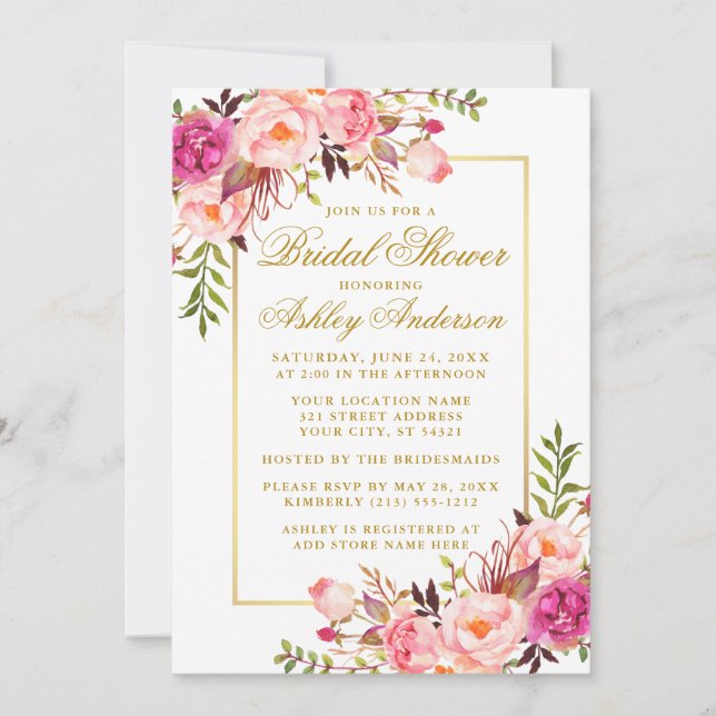Elegant Pink Blush Roses Bridal Shower Gold Script Invitation (Front)