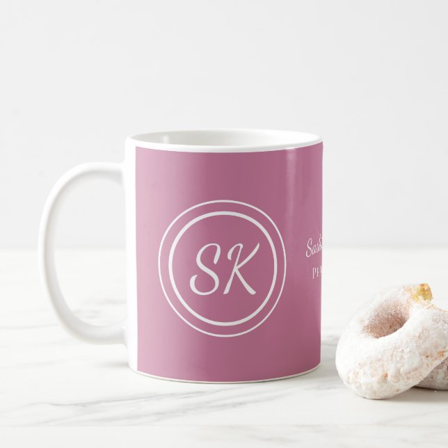Elegant Pink Blush Script Monogram Business Coffee Mug (With Donut)