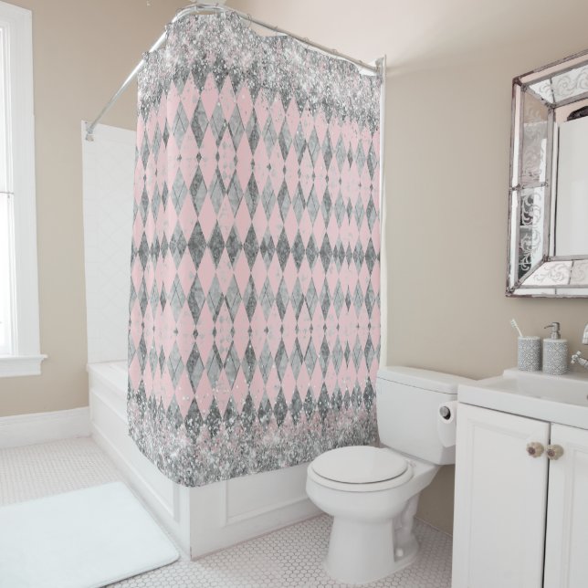 Elegant Pink Blush Silver Harlequin Glitter Shower Curtain (In Situ)