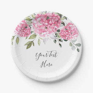 Elegant Pink Blush Watercolor Hydrangea Eucalyptus Paper Plate