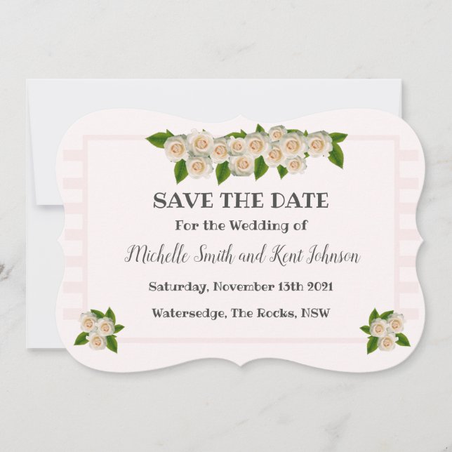 Elegant Pink Blush White Roses Save The Date (Front)