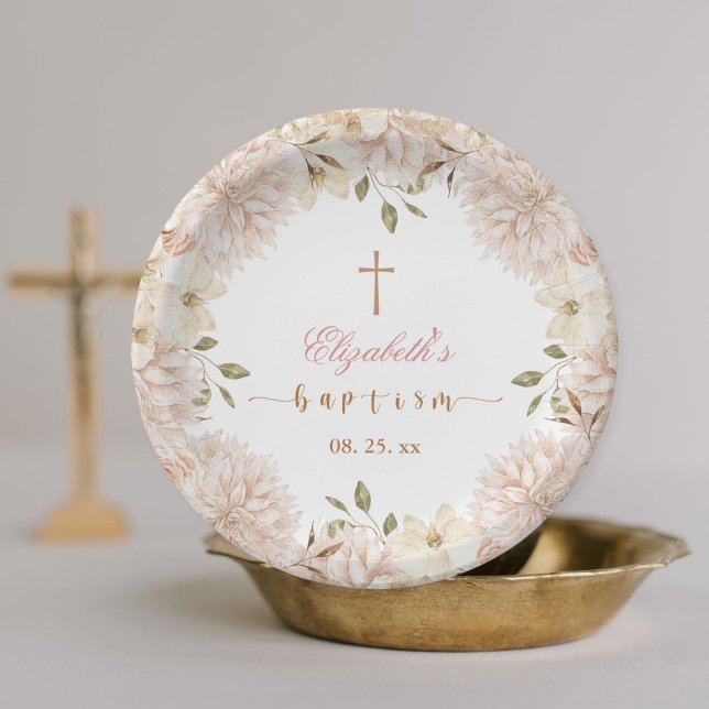 Elegant Pink Boho Floral Baptism Paper Plate (Creator Uploaded)