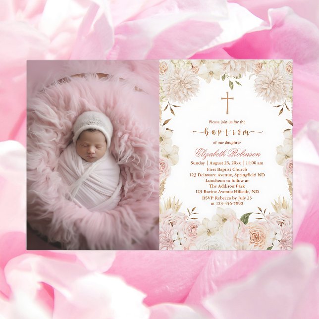 Elegant Pink Boho Floral Baptism Photo Invitation (Creator Uploaded)