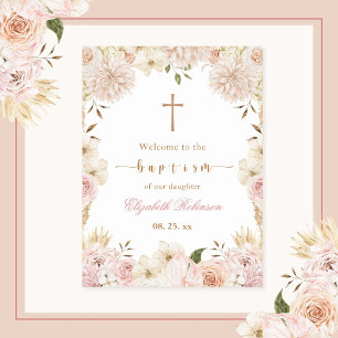 Elegant Pink Boho Floral Baptism Poster