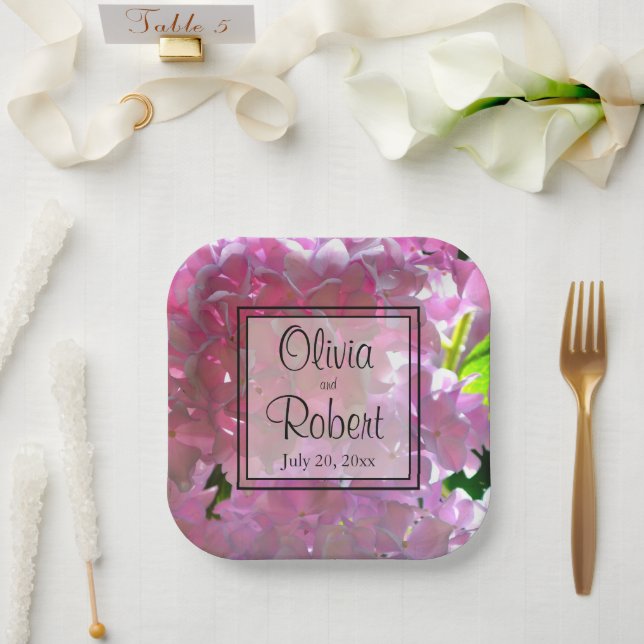 Elegant pink boho florals flowers hydrangeas paper plate (Wedding)