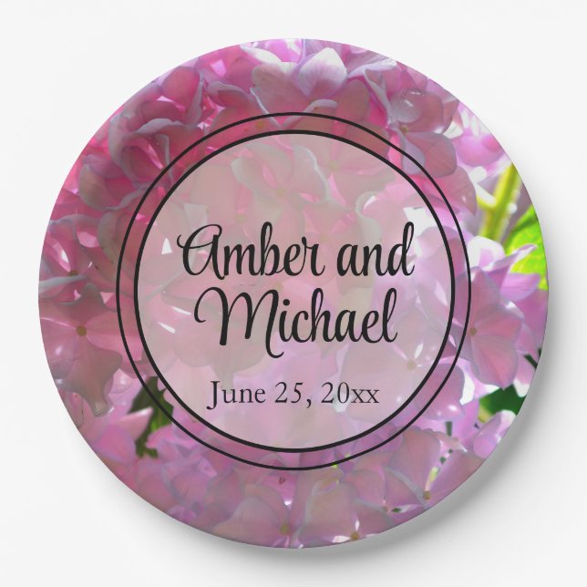 Elegant pink boho florals flowers hydrangeas paper plate (Front)