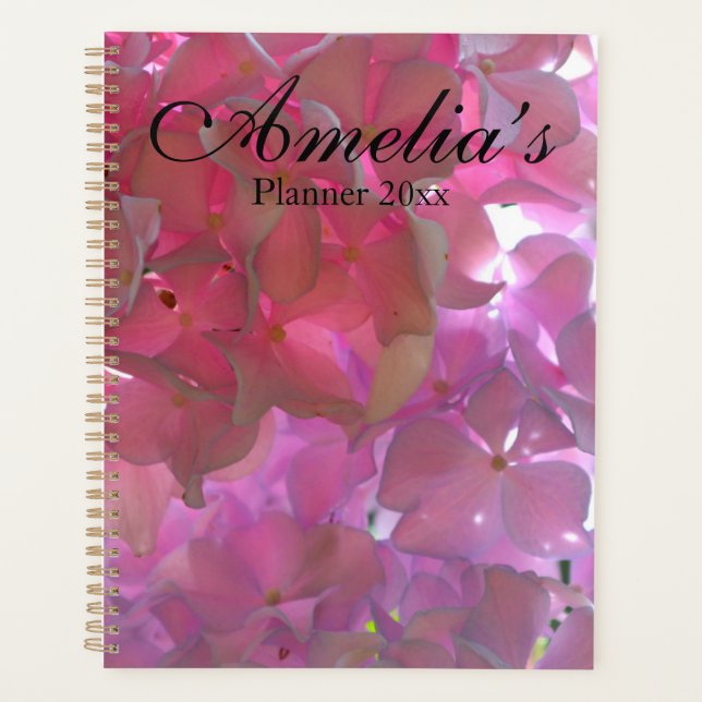 Elegant pink boho florals flowers hydrangeas planner (Front)