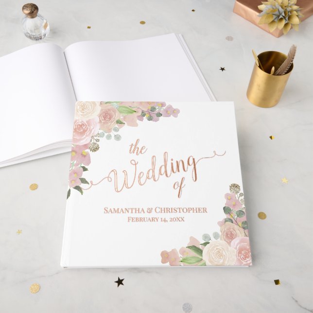 Elegant Pink Boho Roses & Blossoms Foil Wedding Guest Book (Front Open)