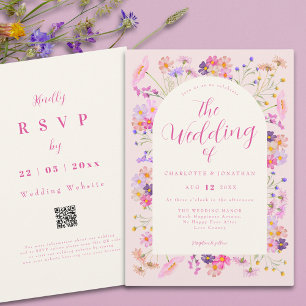 Elegant Pink Boho Wildflower Wedding QR Code Invitation