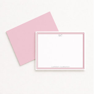 Elegant Pink Border Monogram Stationery Note Card