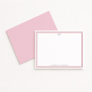 Elegant Pink Border Monogram Stationery Note Card
