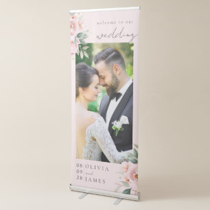 Elegant Pink Botanical Foral Photo Wedding Welcome Retractable Banner
