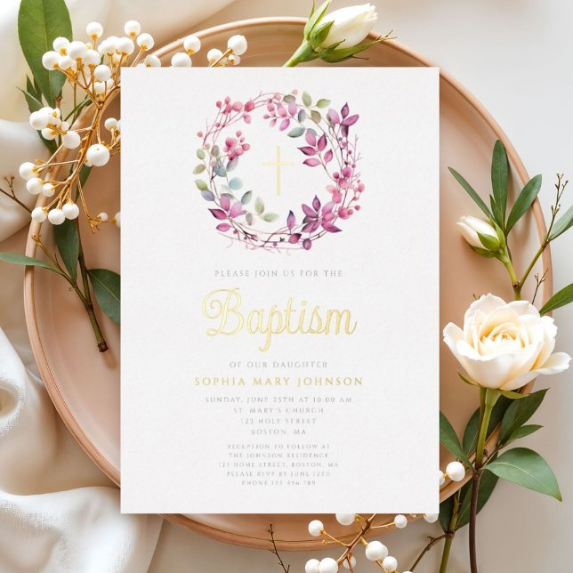 Elegant Pink Botanical Religious Girl Baptism  (Elegant Pink Botanical Religious Girl Baptism Foil Invitation)