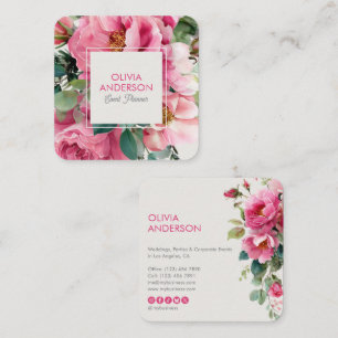 Elegant Pink Botanical Watercolor Floral Square Business Card