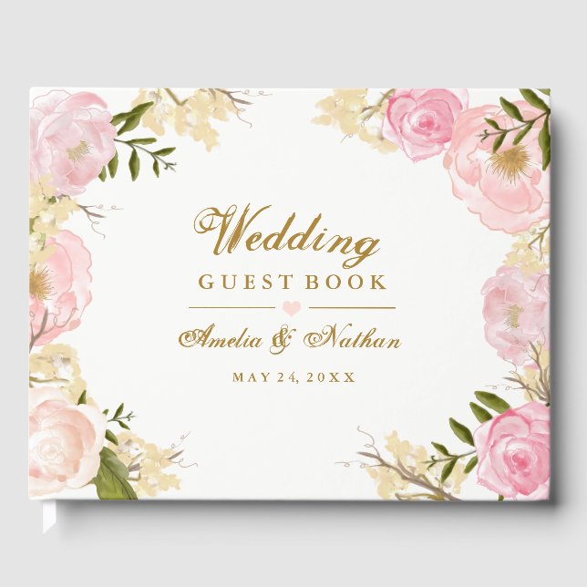 Elegant Pink Botanical Wedding Guest Book (Front)