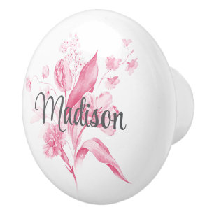 Elegant Pink Bouquet Grey Script Name Drawer Knob