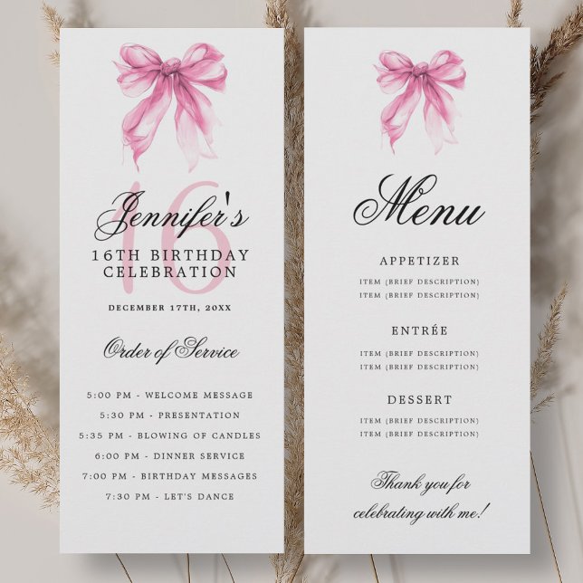 Elegant Pink Bow 16th Birthday Party Program Menu Invitation (Elegant Pink Bow 16th Birthday Party Program Menu)