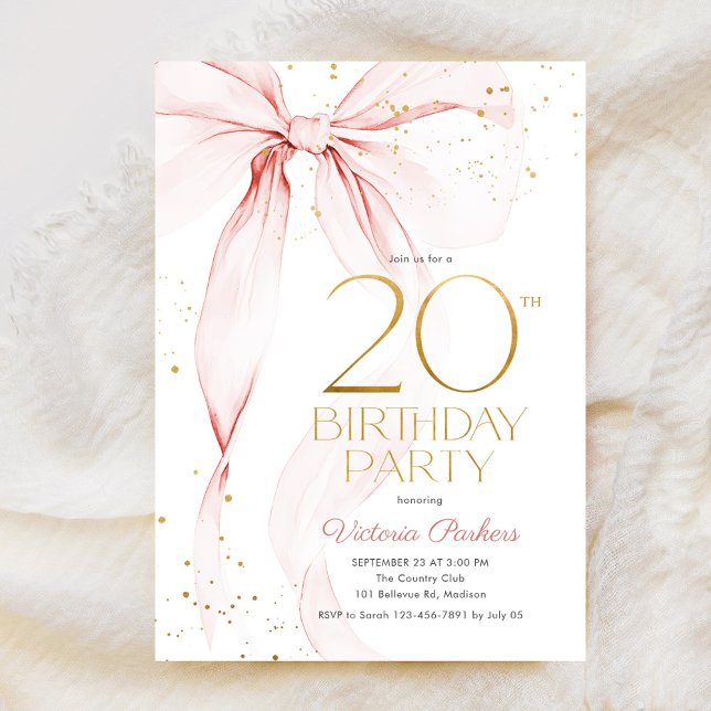 Elegant Pink Bow 20th Birthday Invitation (Creator Uploaded)