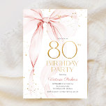 Elegant Pink Bow 80th Birthday Invitation<br><div class="desc">Elegant pink bow 80th birthday invitation. Feminine design in blush pink and gold. Features trendy watercolor coquette bow,  and modern typography font. Perfect for an elegant style women's bday celebration. Personalize with your own details. Printed Zazzle invitations or instant download digital printable template.</div>