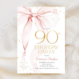 Elegant Pink Bow 90th Birthday Invitation