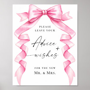 Elegant Pink Bow Advice and Wishes Wedding Sign