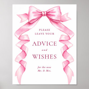 Elegant Pink Bow Advice and Wishes Wedding Sign