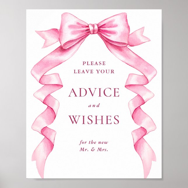 Elegant Pink Bow Advice and Wishes Wedding Sign (Front)