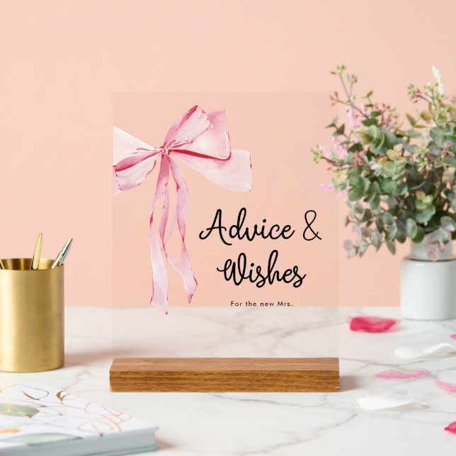 Elegant Pink Bow Advice & Wishes Bridal Shower Acrylic Sign (Wedding)