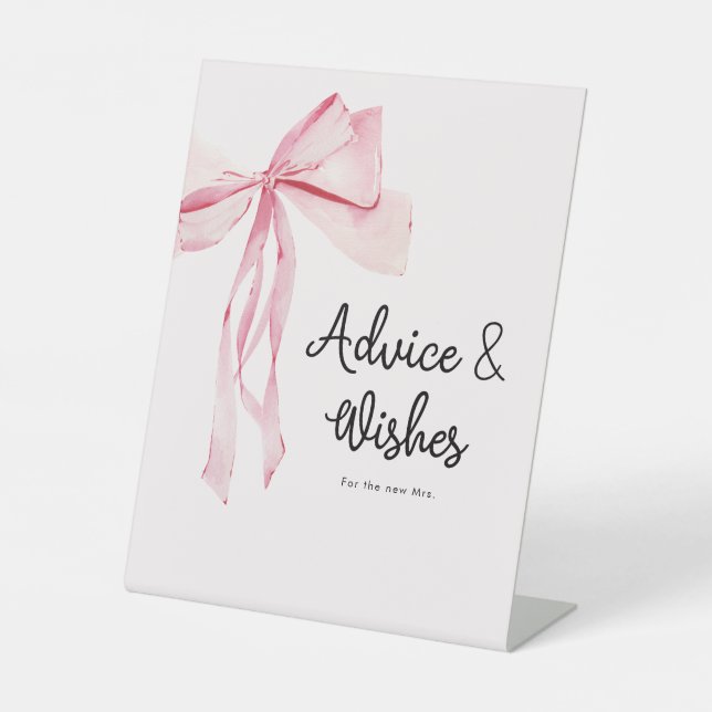 Elegant Pink Bow Advice & Wishes Bridal Shower Pedestal Sign (Front)