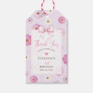 Elegant Pink Bow and Floral Girl 1st Birthday Gift Tags