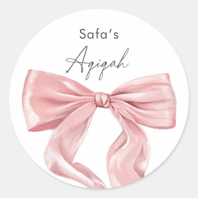 Elegant Pink Bow Aqiqah Classic Round Sticker (Front)