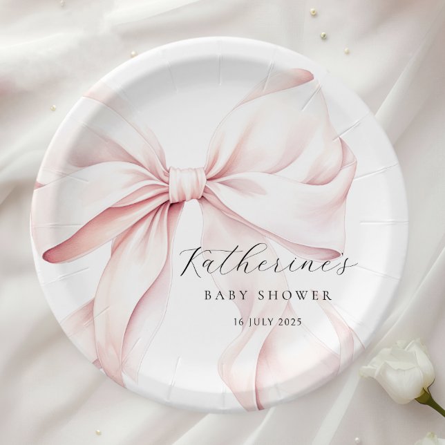  Elegant Pink Bow Baby Bridal Shower Paper Plate (Creator Uploaded)