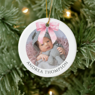 Elegant Pink Bow Baby First Christmas Photo Ceramic Tree Decoration