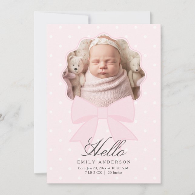 Elegant Pink Bow Baby Girl Photo Collage Birth Announcement (Front)