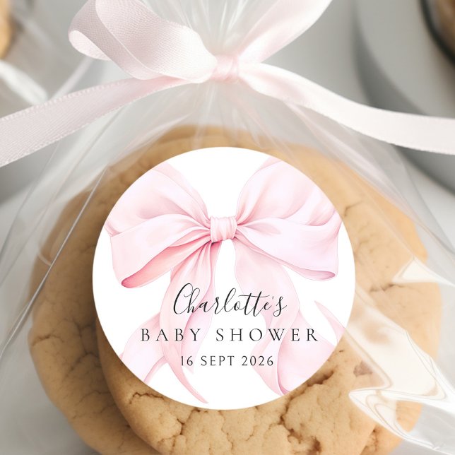  Elegant Pink Bow Baby Shower Classic Round Sticker (Creator Uploaded)