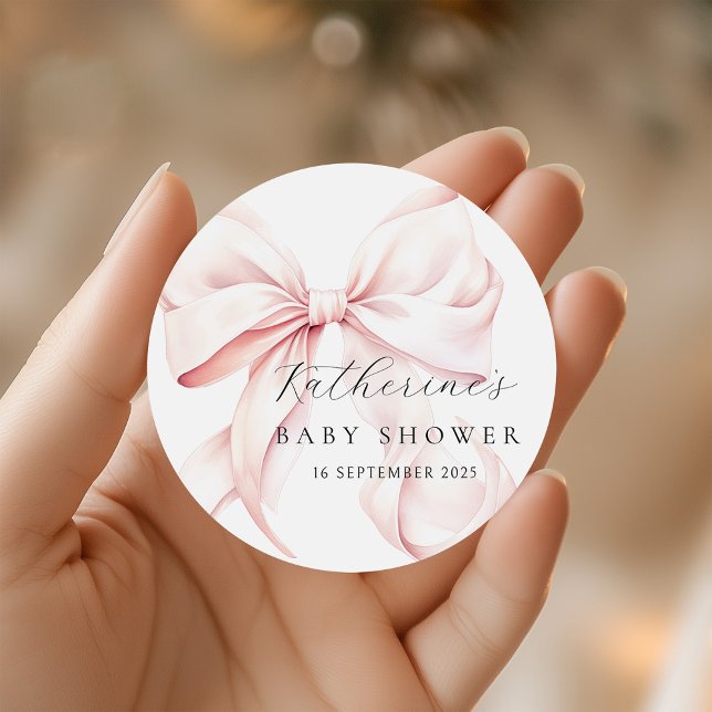  Elegant Pink Bow Baby Shower Classic Round Sticker (Creator Uploaded)
