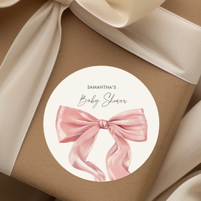 Elegant Pink Bow Baby Shower Classic Round Sticker (Creator Uploaded)