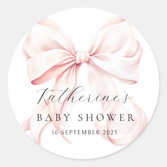  Elegant Pink Bow Baby Shower Classic Round Sticker (Front)