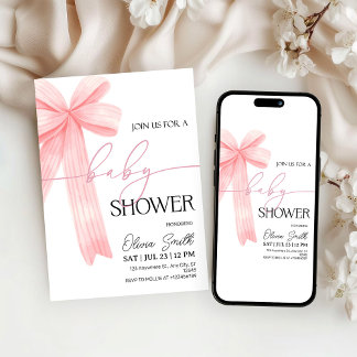 Elegant Pink Bow Baby Shower Invitation
