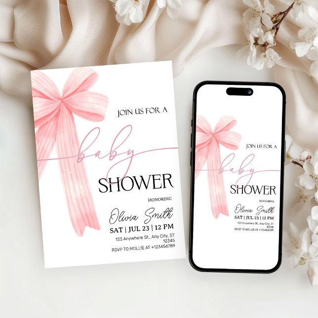 Elegant Pink Bow Baby Shower Invitation (Creator Uploaded)