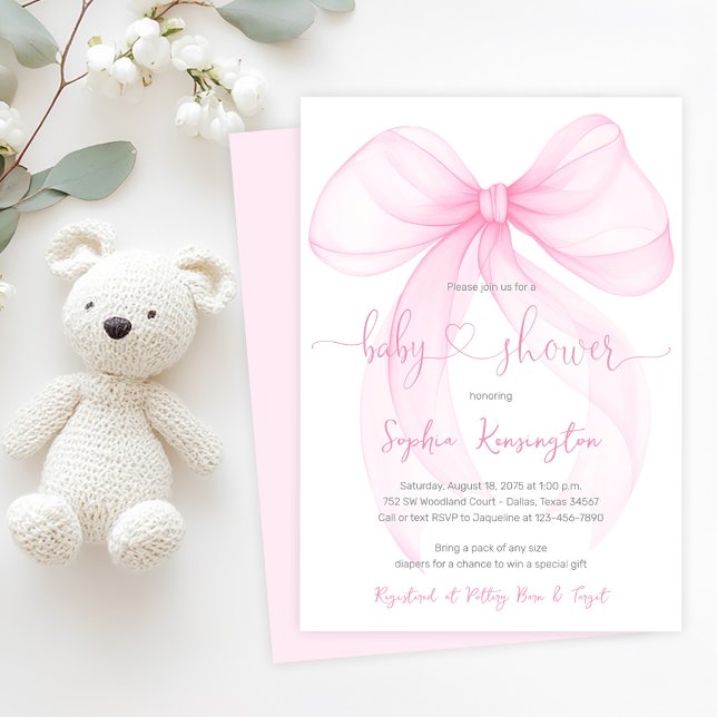 Elegant Pink Bow Baby Shower Invitation (Delicate pink bow baby shower invitation. Simply add your event details.)