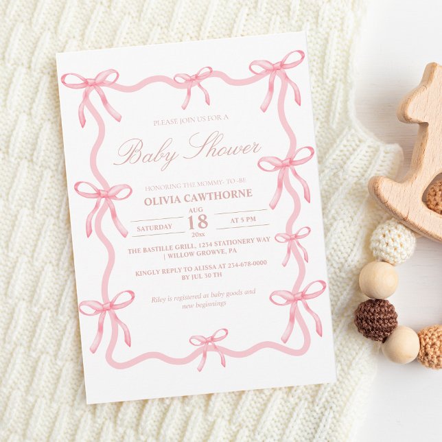 Elegant Pink Bow Baby Shower Invitation (Creator Uploaded)