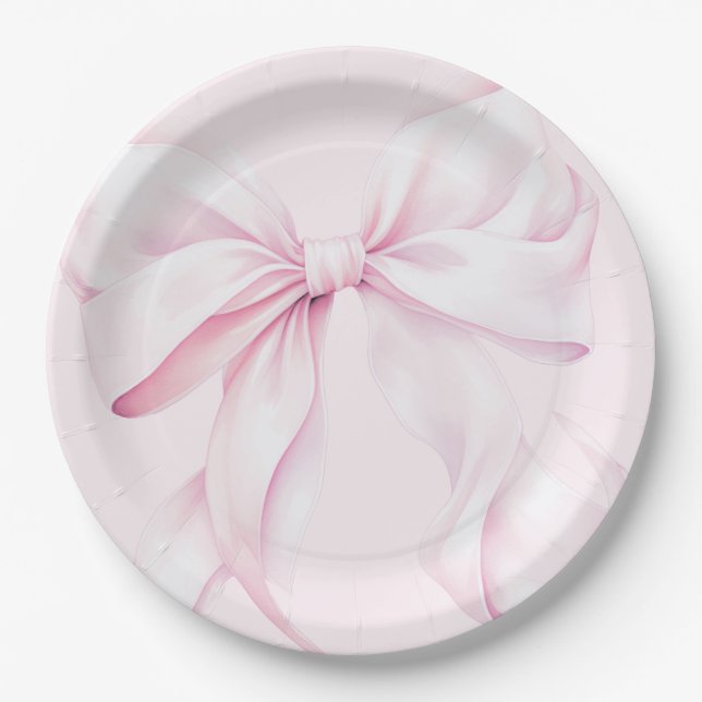 Elegant Pink Bow Baby Shower Paper Plate (Front)