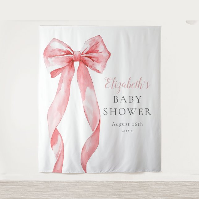 Elegant Pink Bow Baby Shower Photo Backdrop Tapestry (Front)