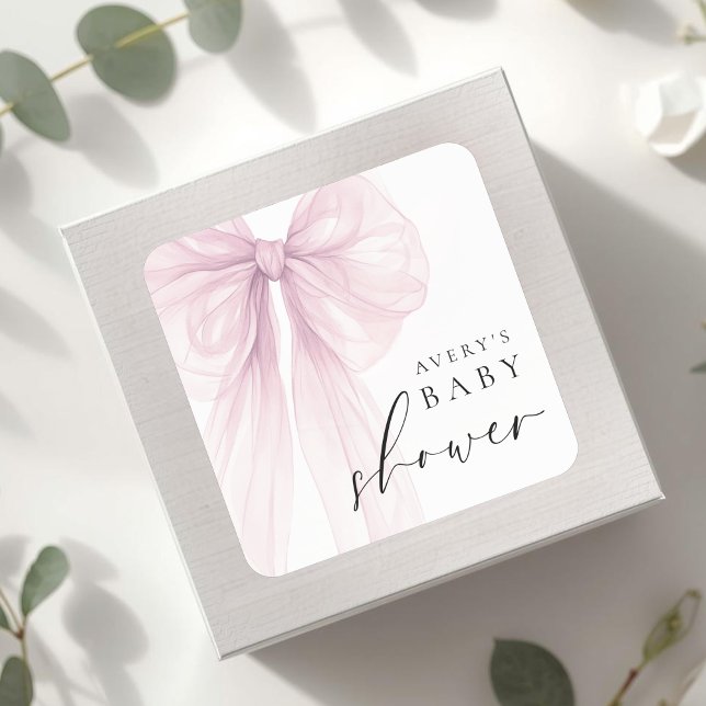 Elegant Pink Bow Baby Shower Square Sticker (Creator Uploaded)