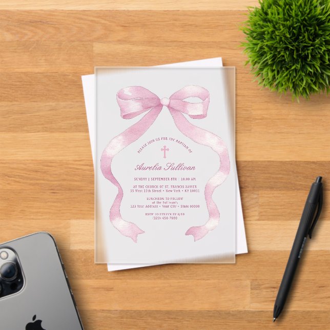 Elegant Pink Bow Baptism Acrylic Invitations (Insitu (Invitation Card))