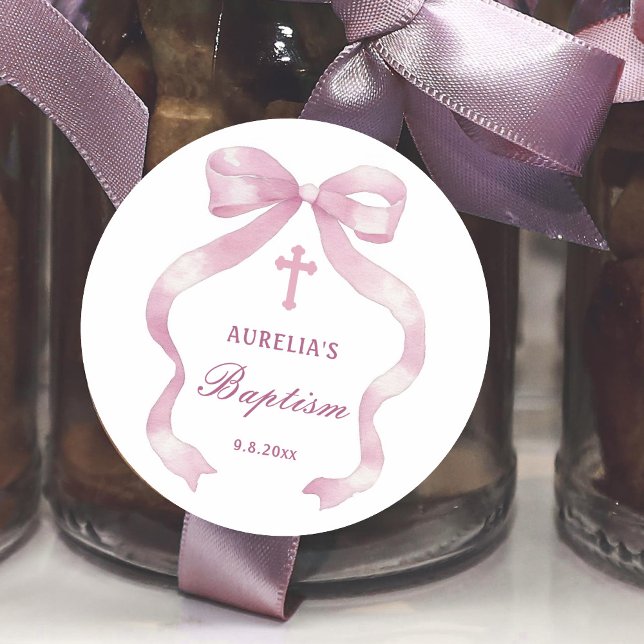 Elegant Pink Bow Baptism Classic Round Sticker (Creator Uploaded)