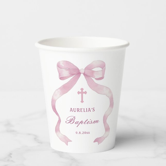 Elegant Pink Bow Baptism Paper Cups (Front)