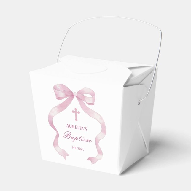 Elegant Pink Bow Baptism Take Out Favour Box (Front Side)