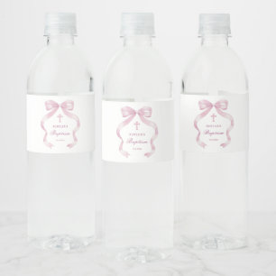 Elegant Pink Bow Baptism Water Bottle Label